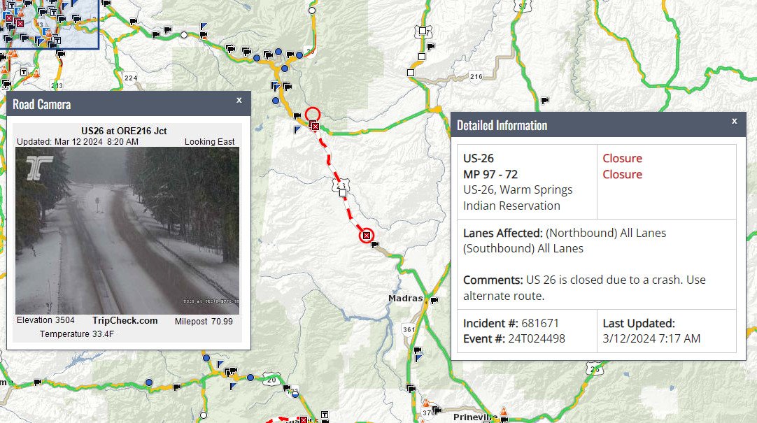 Jackknifed semi-truck closes 25-mile stretch of U.S. Highway 26 between Mount Hood and Warm Springs Tuesday morning.