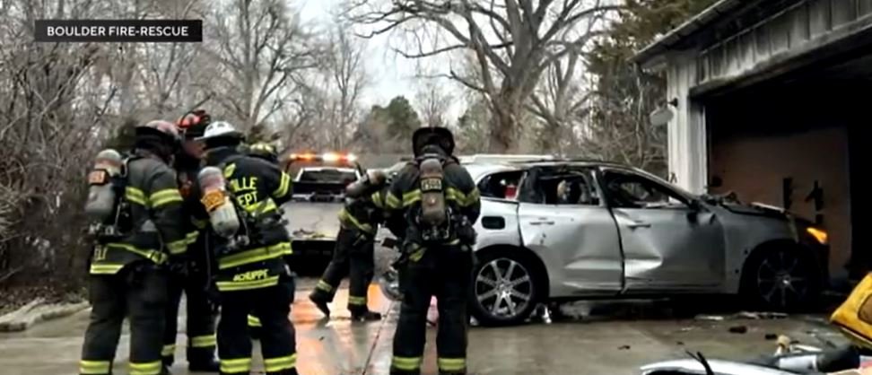 <i>Boulder-Fire Rescue/KCNC via CNN Newsource</i><br/>No injuries were reported after an electric vehicle exploded inside a garage early Saturday morning.