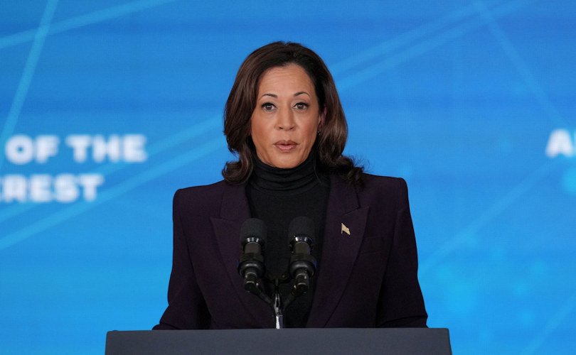 Vice President Kamala Harris speaks about Artificial Intelligence during a press conference on the first day of the AI Safety Summit 2023, in London, Britain.