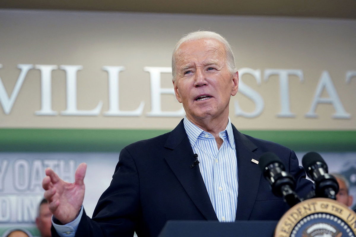 <i>Kevin Lamarque/Reuters via CNN Newsource</i><br/>President Joe Biden speaks during his visit to the US-Mexico border in Brownsville