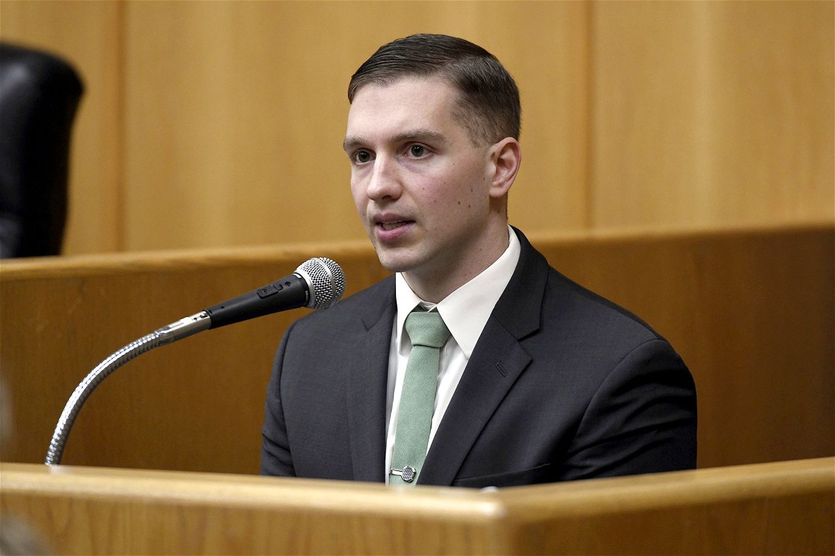 <i>Ned Gerard/Hearst Connecticut Media/AP via CNN Newsource</i><br/>Connecticut State Trooper Brian North testifies during his trial in Connecticut Superior Court in Milford.
