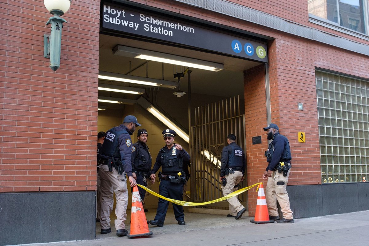 <i>Gardiner Anderson/For New York Daily News/Tribune News Service/Getty Images via CNN Newsource</i><br/>Police respond after a person was shot at the Hoyt-Schermerhorn subway station in Brooklyn