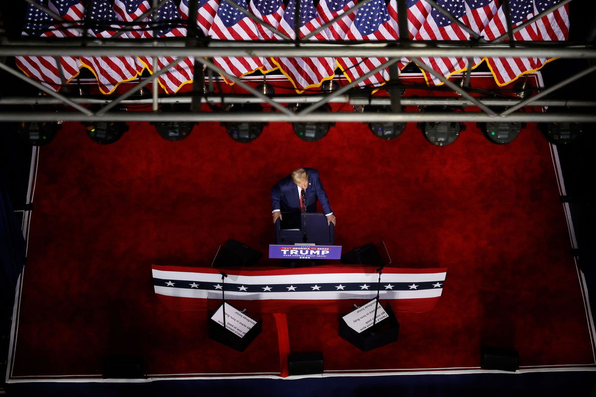 <i>Chip Somodevilla/Getty Images via CNN Newsource</i><br/>Former President Donald Trump at a rally at the Forum River Center on March 9 in Rome