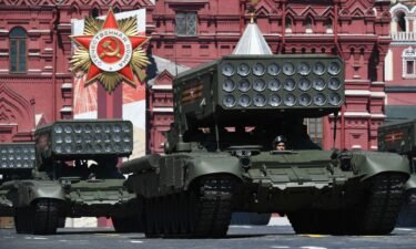 Thermobaric rocket launchers are pictured in this file image from the Victory Day military parade in Red Square in June 2020.