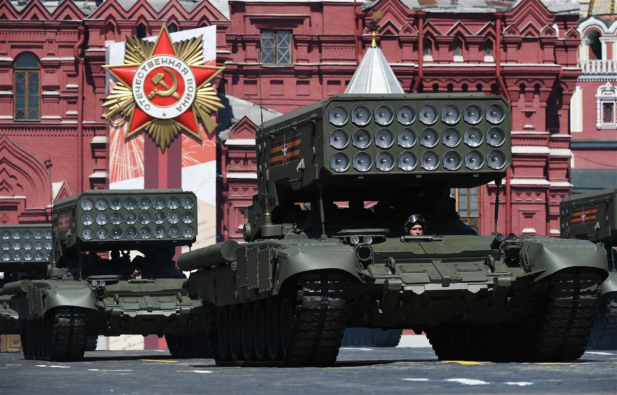 <i>Ramil Sitdikov/Host Photo Agency/Getty Images/File via CNN Newsource</i><br/>Thermobaric rocket launchers are pictured in this file image from the Victory Day military parade in Red Square in June 2020.