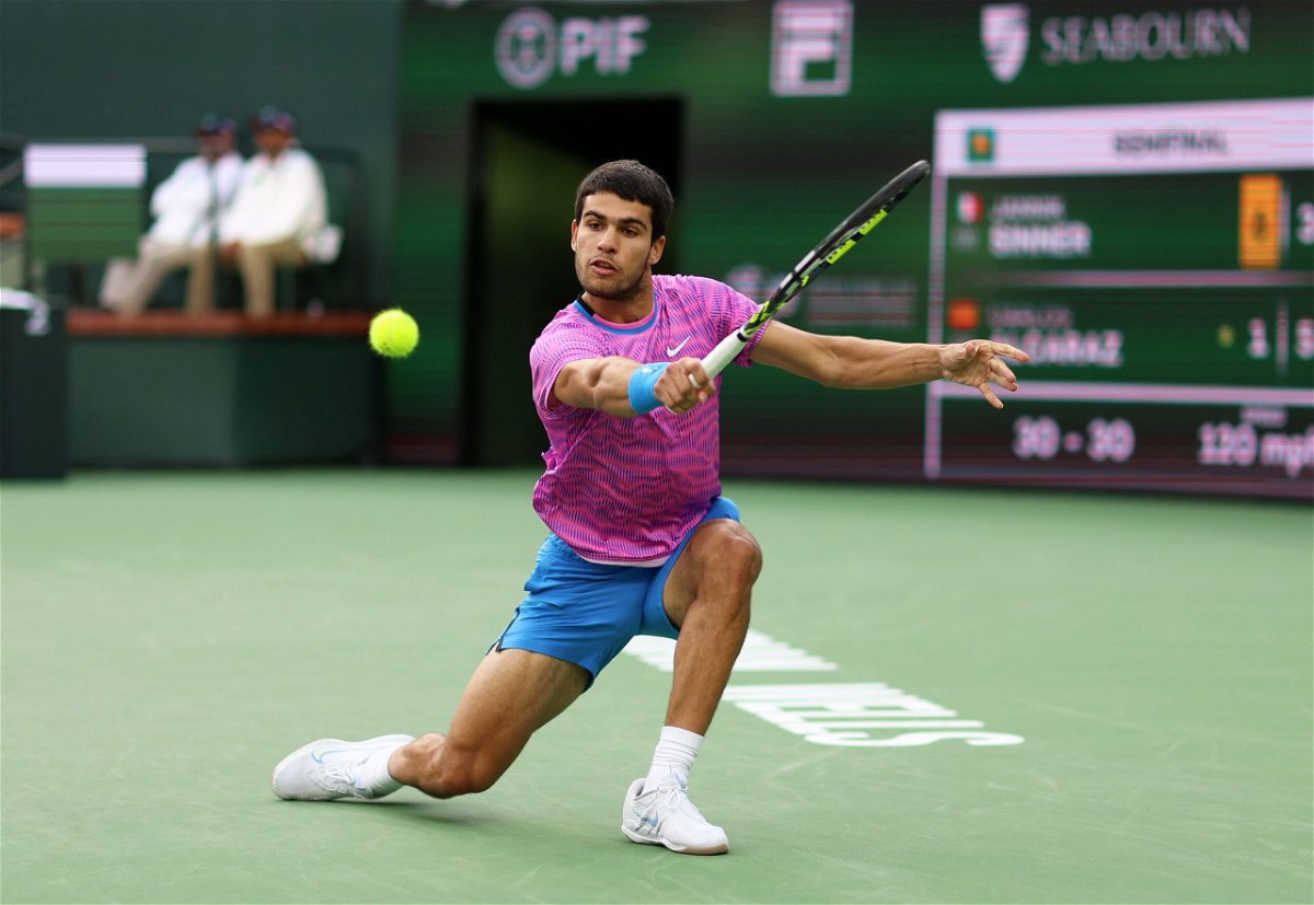 <i>Clive Brunskill/Getty Images via CNN Newsource</i><br/>Carlos Alcaraz defeated Jannik Sinner in the Indian Wells semifinals.