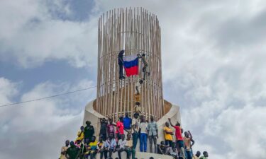 Supporters of Niger's ruling junta hold a Russian flag at a protest called to fight for the country's freedom in Niamey