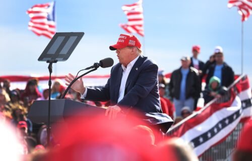 Republican presidential candidate former President Donald Trump speaks to supporters during a rally at the Dayton International Airport on March 16 in Vandalia