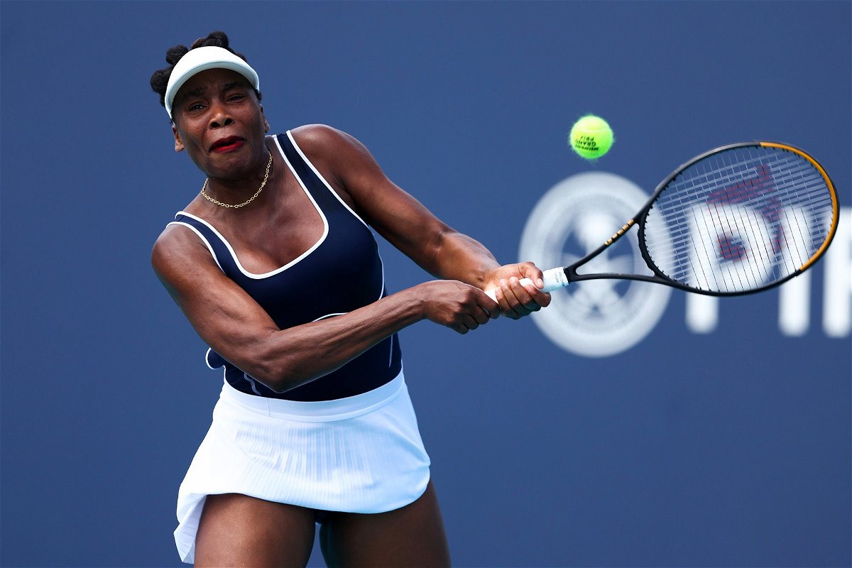<i>Megan Briggs/Getty Images via CNN Newsource</i><br/>Venus Williams returns a shot to Diana Shnaider of Russia during her women's singles match during the Miami Open at Hard Rock Stadium on March 19