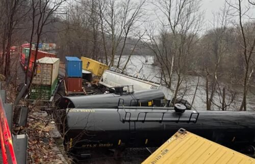 A freight train derailed along the Lehigh River in eastern Pennsylvania on Saturday.