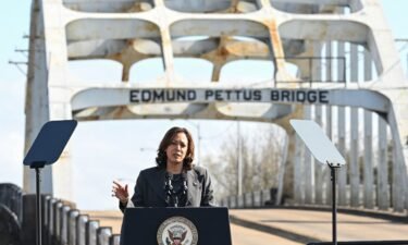 Vice President Kamala Harris speaks at the Edmund Pettus Bridge during an event to commemorate the 59th anniversary of "Bloody Sunday" in Selma