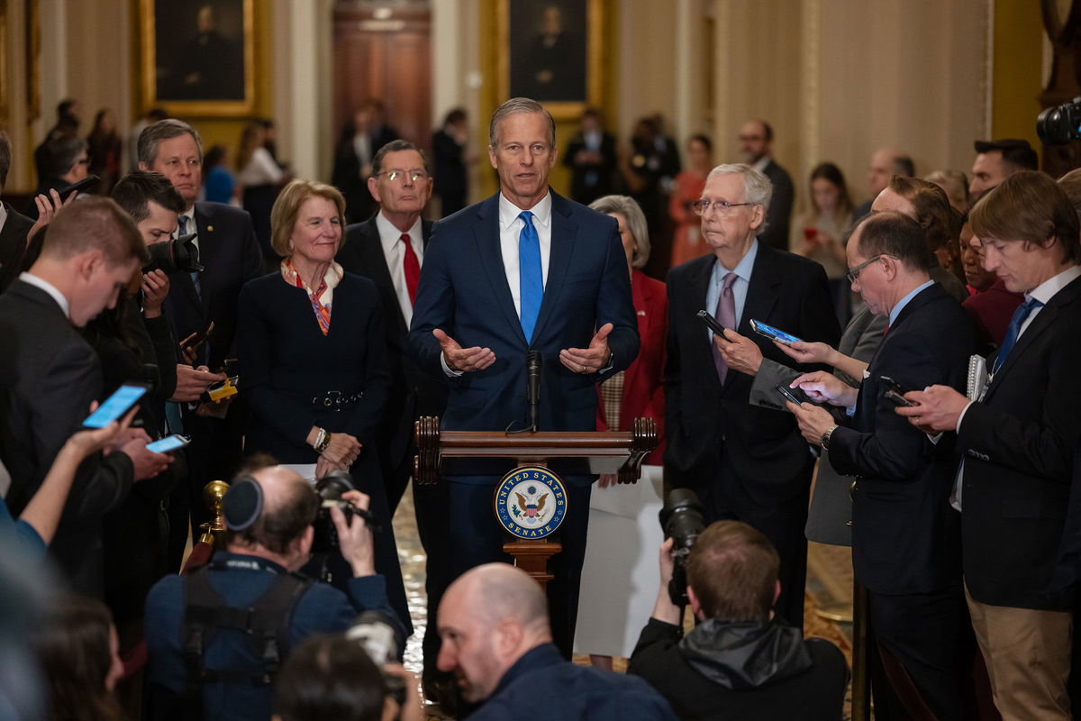 <i>Craig Hudson/Bloomberg/Getty Images via CNN Newsource</i><br/>Sen. John Thune speaks during a news conference following the weekly Republican caucus luncheon at the US Capitol in Washington