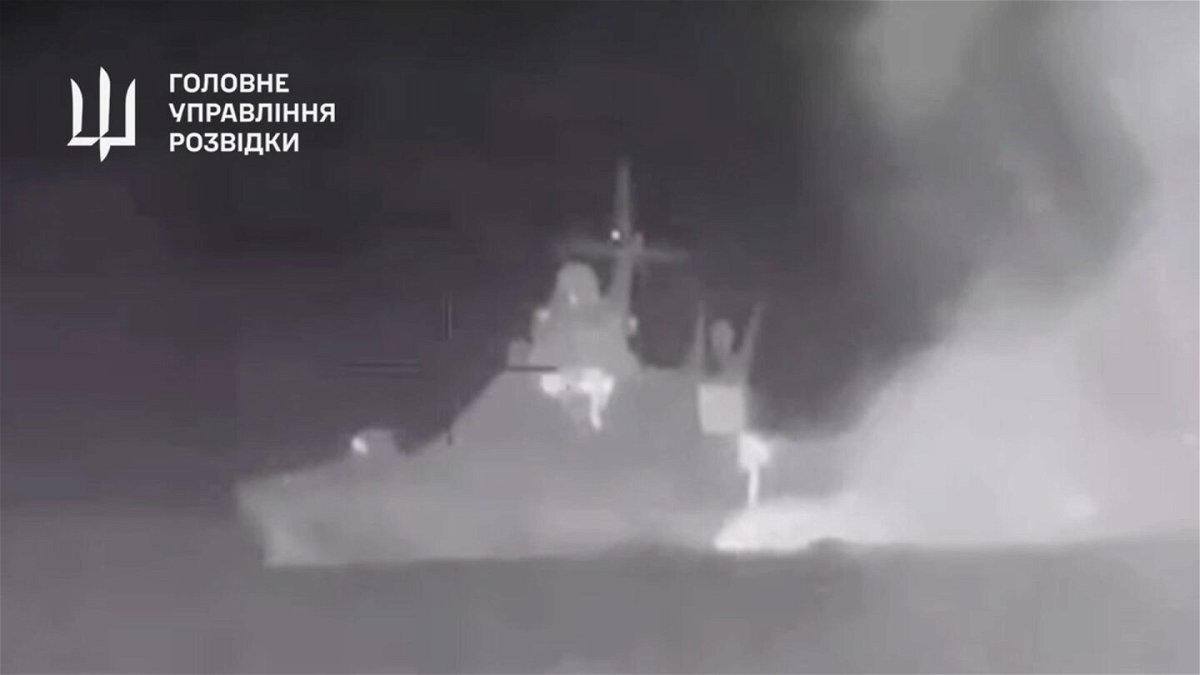 <i>Defense Intelligence of Ukraine via CNN Newsource</i><br/>Ukrainian defense intelligence videograb shows the Russian patrol ship that was hit in the Black Sea.
