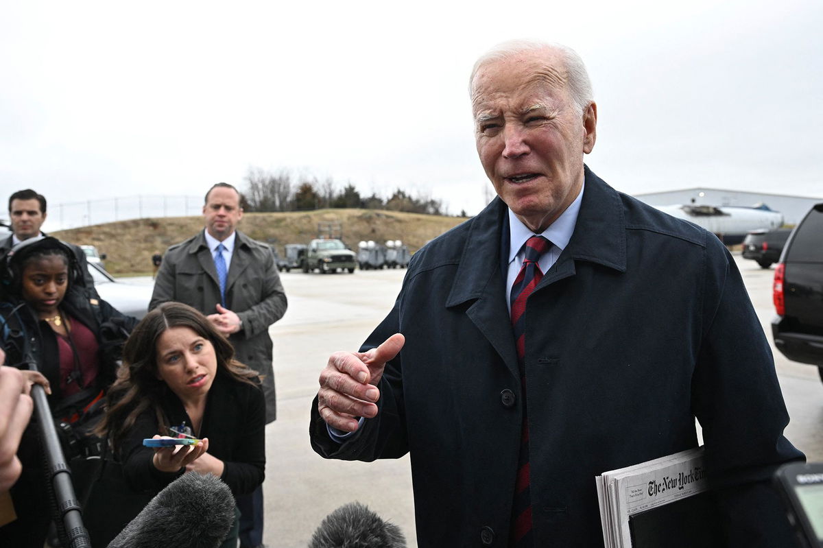 <i>Mandel Ngan/AFP/Getty Images via CNN Newsource</i><br/>US President Joe Biden speaks to reporters before boarding Air Force One at Hagerstown Regional Airport in Hagerstown