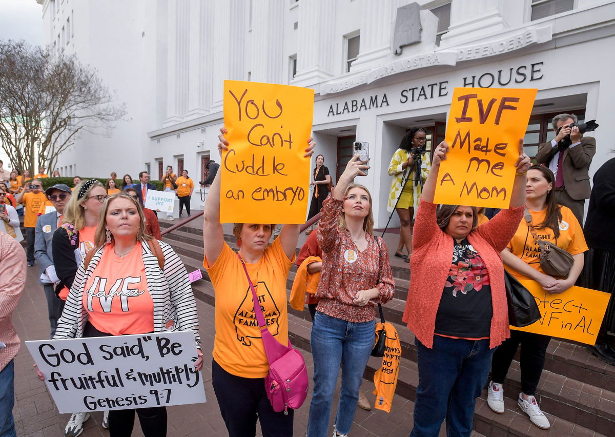 <i>Mickey Welsh/USA Today Network via CNN Newsource</i><br/>Protesters rally in support of in vitro fertilization legislation at the Alabama State House in Montgomery last month.