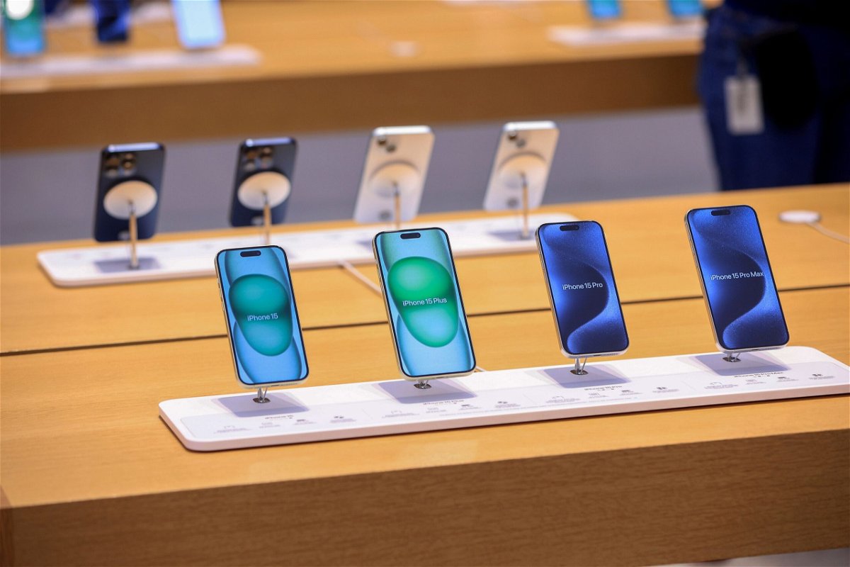 <i>Krisztian Bocsi/Bloomberg/Getty Images via CNN Newsource</i><br/>New range of iPhone 15 smartphones are displayed at an Apple store in Berlin