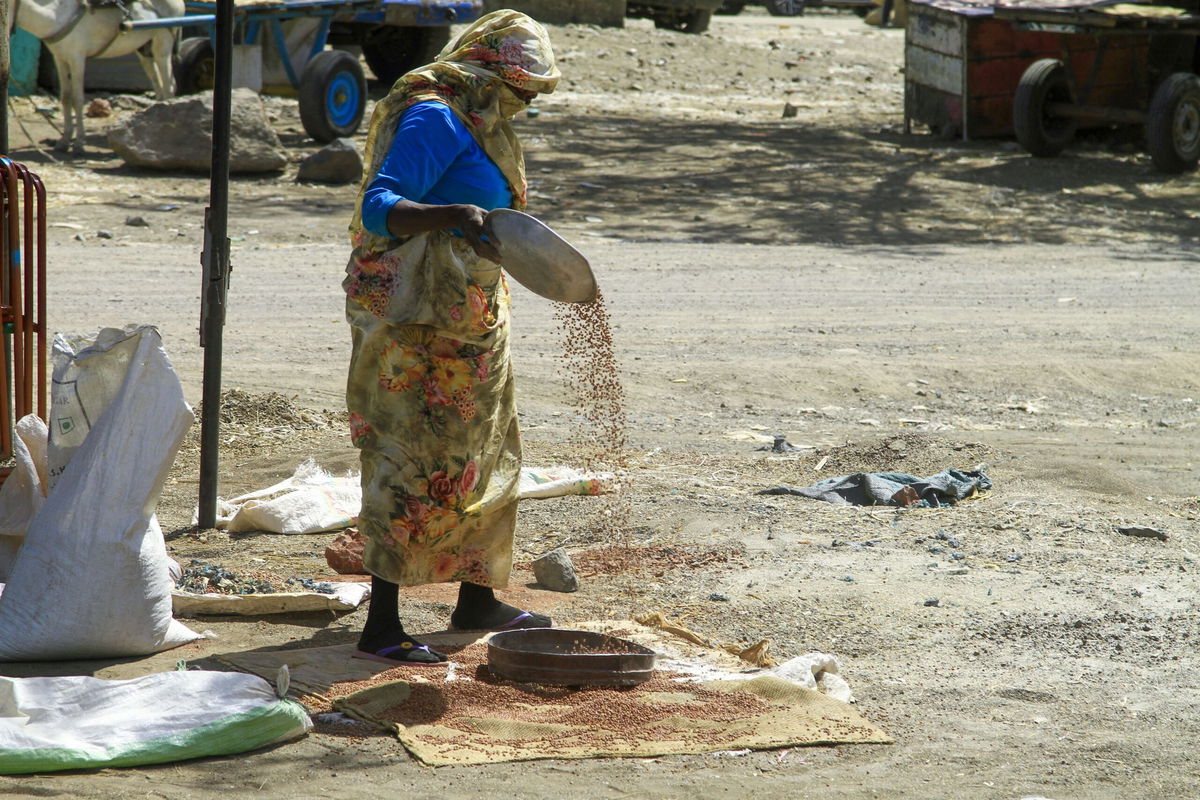 <i>EBRAHIM HAMID/AFP/AFP via Getty Images via CNN Newsource</i><br/>A woman sorts grains at a market in Gedaref