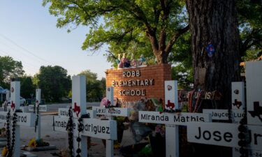 A memorial dedicated to the victims of the mass shooting at Robb Elementary School is seen on April 27