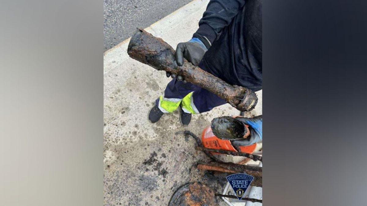 <i>Massachusetts State Police via CNN Newsource</i><br/>This heavily deteriorated bazooka round was pulled from the Charles River in Needham on Wednesday