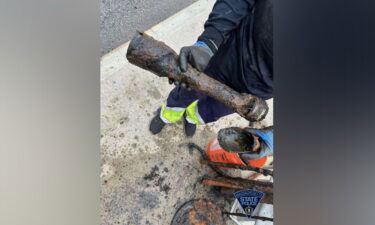 This heavily deteriorated bazooka round was pulled from the Charles River in Needham on Wednesday