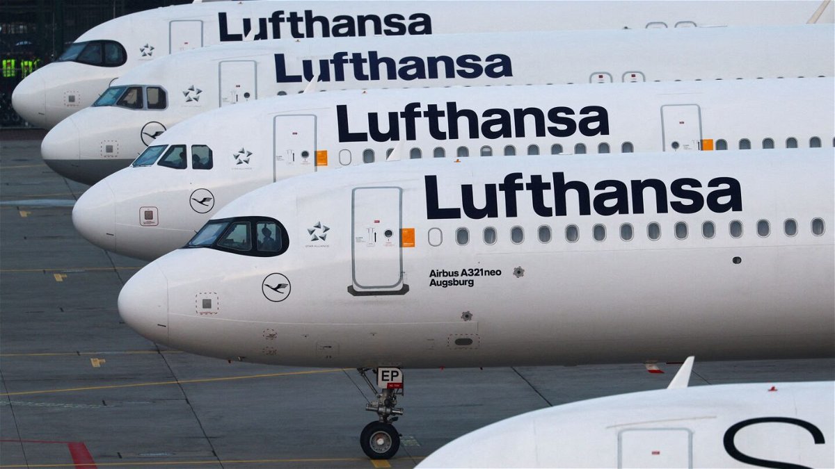<i>Kai Pfaffenbach/Reuters via CNN Newsource</i><br/>Lufthansa planes stand on the tarmac at Frankfurt airport in Germany on March 7