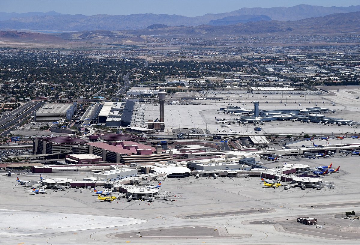 <i>Ethan Miller/Getty Images via CNN Newsource</i><br/>An aerial view shows of Harry Reid International Airport in Las Vegas.