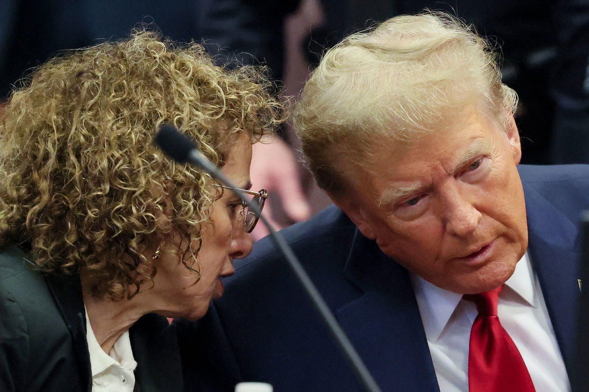 <i>Brendan McDermid/Pool/Getty Images via CNN Newsource</i><br/>Former President Donald Trump talks to attorney Susan Necheles during a pre-trial hearing at Manhattan Criminal Court on February 15 in New York City.