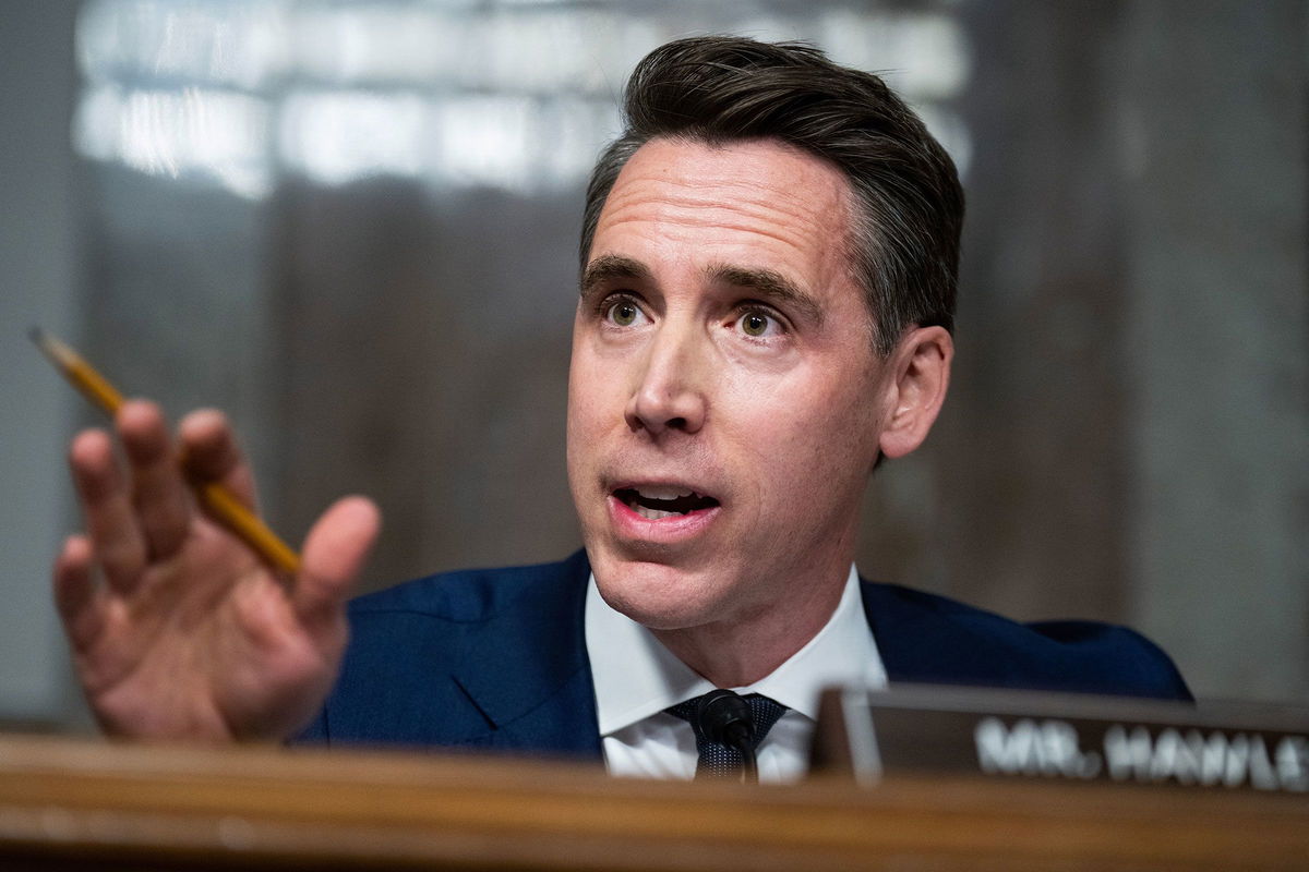 <i>Tom Williams/CQ-Roll Call/Getty Images via CNN Newsource</i><br/>Republican Sen. Josh Hawley of Missouri speaks during a hearing on January 31 in Washington