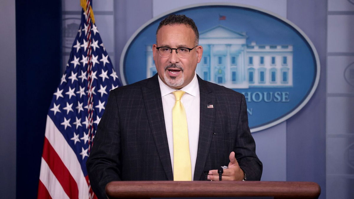 <i>(Win McNamee/Getty Images) via CNN Newsource</i><br/>Secretary of Education Miguel Cardona answers questions during the daily briefing at the White House August 5