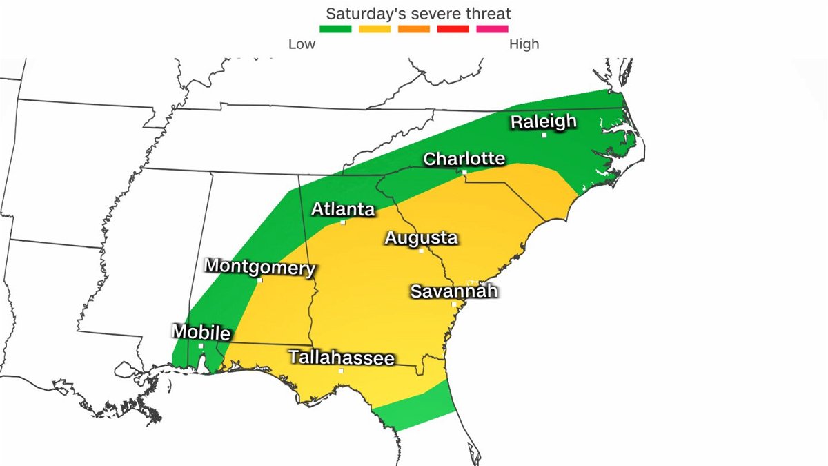 <i>CNN Weather via CNN Newsource</i><br/>One forecast model depiction of where heavy rain is expected to fall through Saturday. Yellow and orange indicate heavier rain and higher rainfall totals.