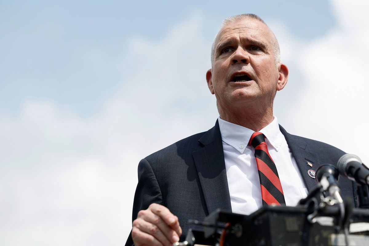 <i>Anna Moneymaker/Getty Images via CNN Newsource</i><br/>Rep. Matt Rosendale speaks at a news conference outside the US Capitol Building on July 25