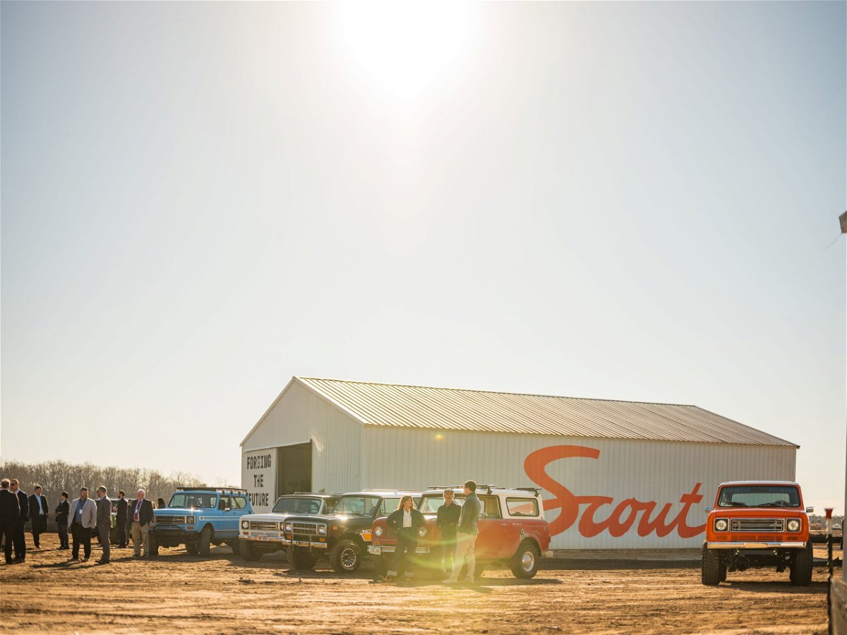 <i>Scout Motors via CNN Newsource</i><br/>Classic Scout SUVs gathered at the groundbreaking for Scout Motors' South Carolina Factory in February