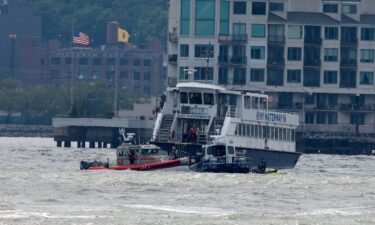 NYPD and FDNY scuba dive teams and a NY Waterway Ferry float near the boat accident on the Hudson River in 2022.