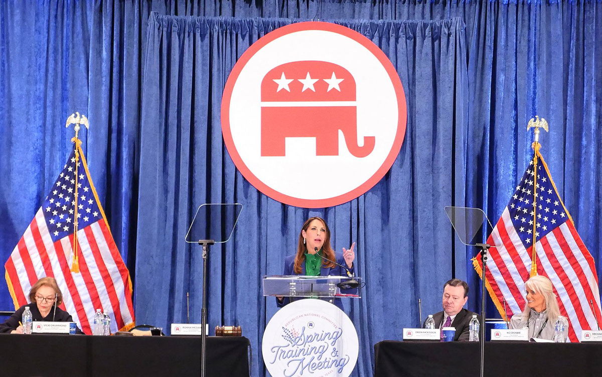 <i>Cecile Clocheret/AFP/Getty Images/File via CNN Newsource</i><br/>Outgoing Republican National Committee Chairwoman Ronna McDaniel speaks at the RNC Spring meeting on March 8