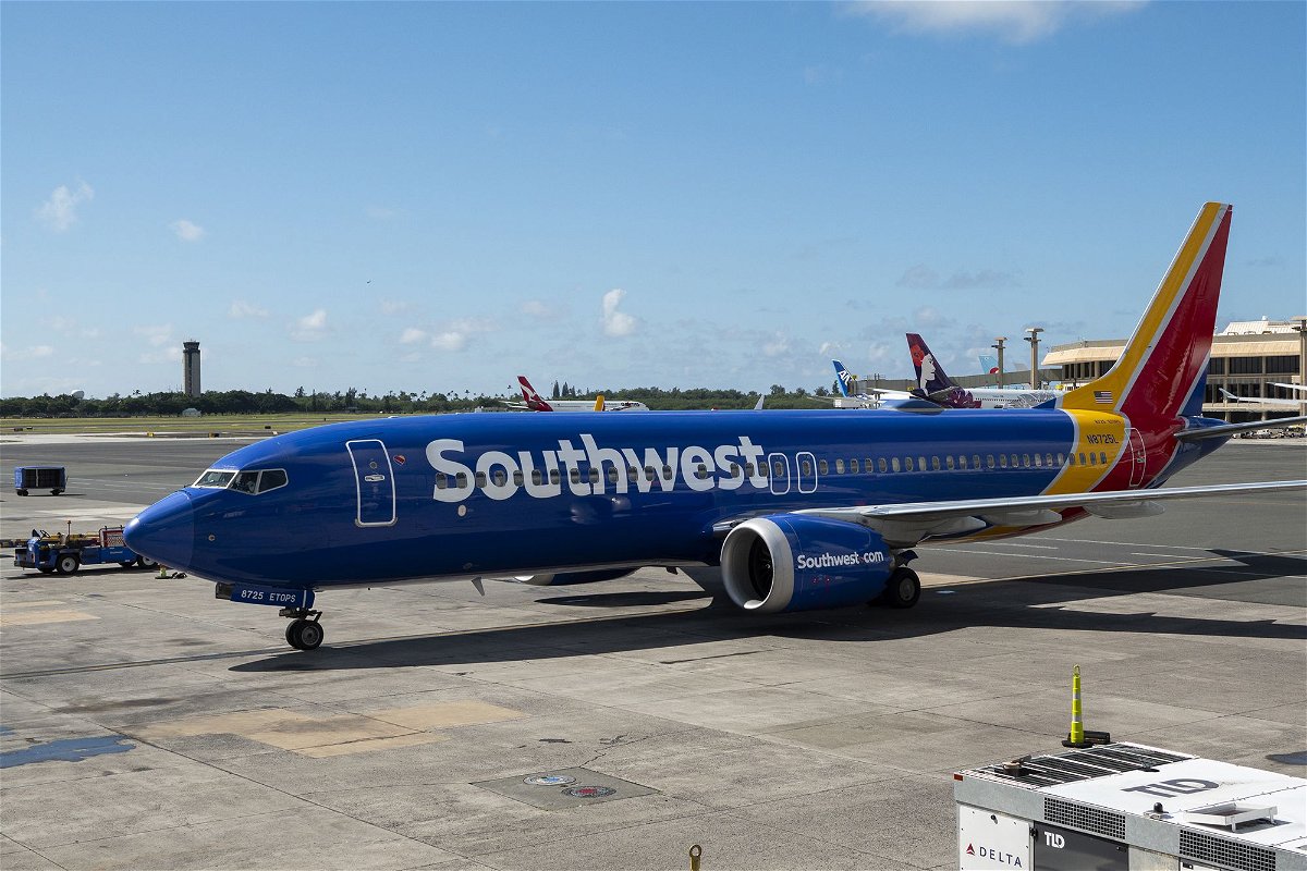 <i>Kevin Carter/Getty Images via CNN Newsource</i><br/>A Southwest Airlines Boeing 737 MAX 8 arrives at Daniel K. Inouye International Airport in Honolulu in January.