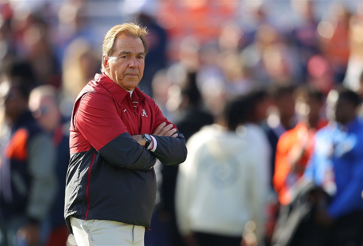 <i>Kevin C. Cox/Getty Images via CNN Newsource</i><br/>Nick Saban looks on during warm ups ahead of Alabama's game against Auburn on November 25