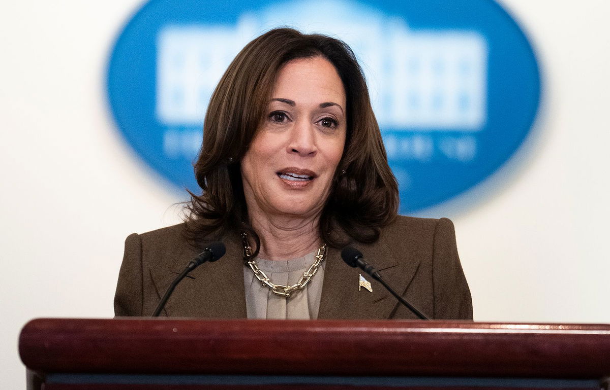 <i>Tom Williams/AP via CNN Newsource</i><br/>Vice President Kamala Harris addresses an event with descendants of iconic civil rights leaders to celebrate Black History Month at the Eisenhower Executive Office Building on February 13.