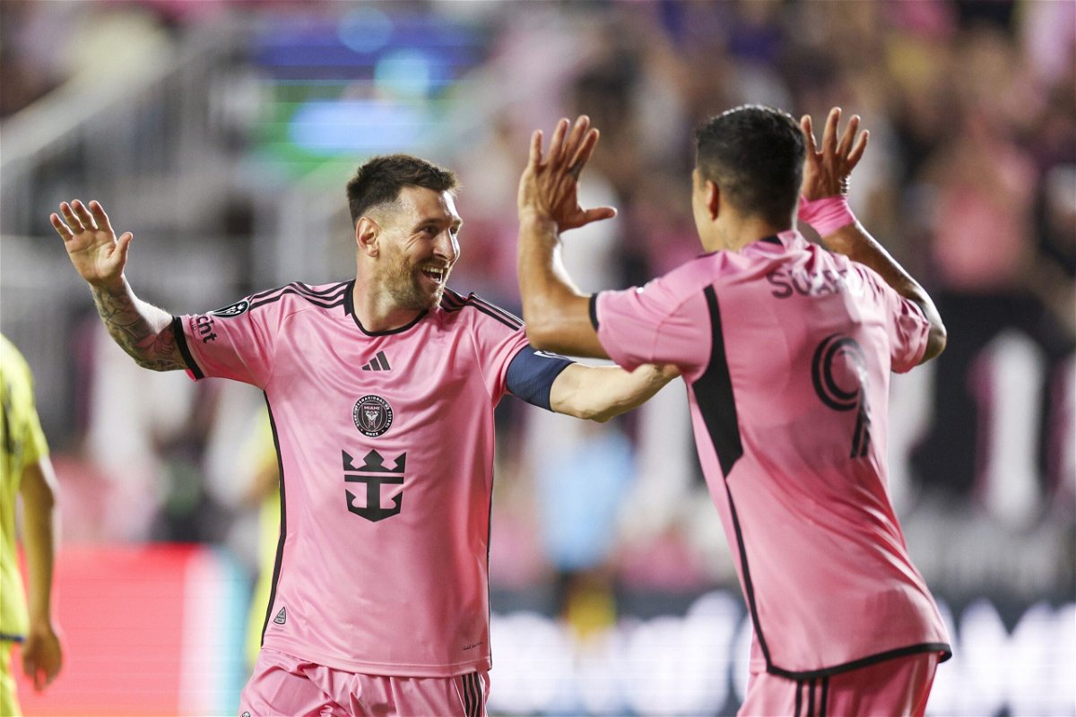 <i>Nathan Ray Seebeck/USA TODAY Sports/Reuters via CNN Newsource</i><br/>Lionel Messi and Luis Suárez celebrate after scoring Inter Miami's first goal.