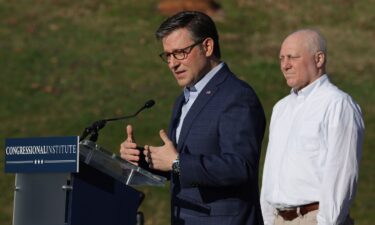 House Speaker Mike Johnson speaks as House Majority Leader Steve Scalise listens during a House GOP leadership news conference at the Greenbrier Hotel on March 14 in White Sulphur Springs