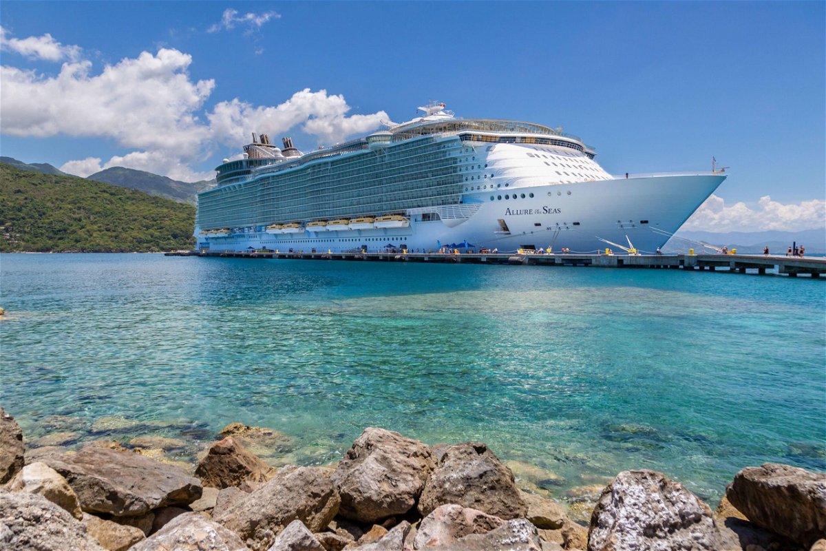 <i>Ron Buskirk/UCG/Universal Images Group via Getty Images via CNN Newsource</i><br/>Allure of the Seas cruise ship is pictured in a 2018 photo at the pier in Labadee.