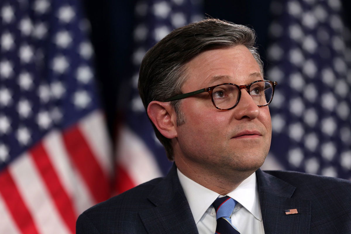 <i>Alex Wong/Getty Images via CNN Newsource</i><br/>House Speaker Mike Johnson participates in a discussion at the Greenbrier Hotel on March 13 in White Sulphur Springs