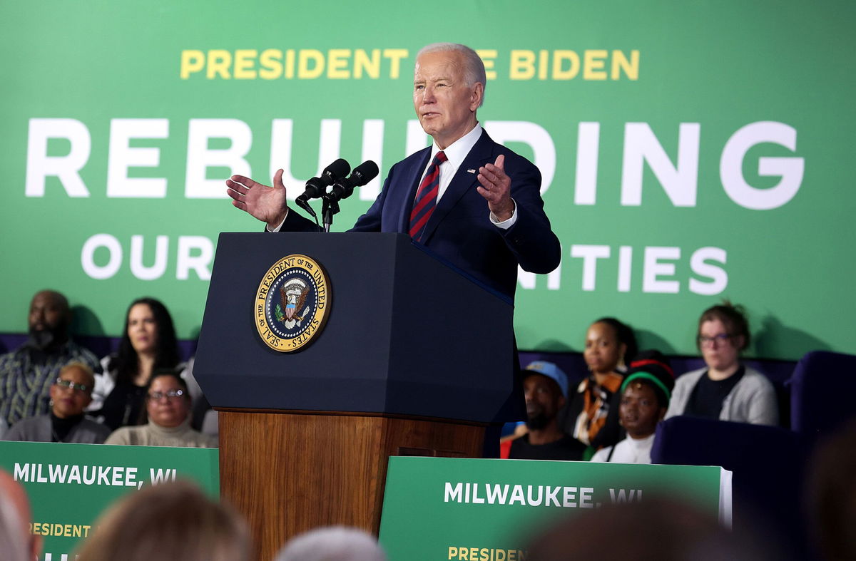 <i>Scott Olson/Getty Images via CNN Newsource</i><br/>President Joe Biden speaks to guests at an event in Milwaukee on March 13. The freshly anointed presidential campaign rematch cracked open a new chapter on March 14