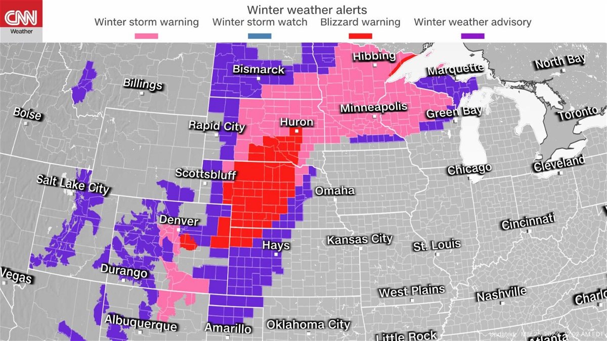 <i>CNN Weather via CNN Newsource</i><br/>Winter weather alerts spread from New Mexico to the Great Lakes.