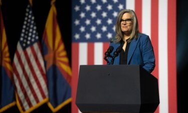 Arizona Gov. Katie Hobbs gives a brief speech prior to President Joe Biden's remarks at the Tempe Center for the Arts on September 28