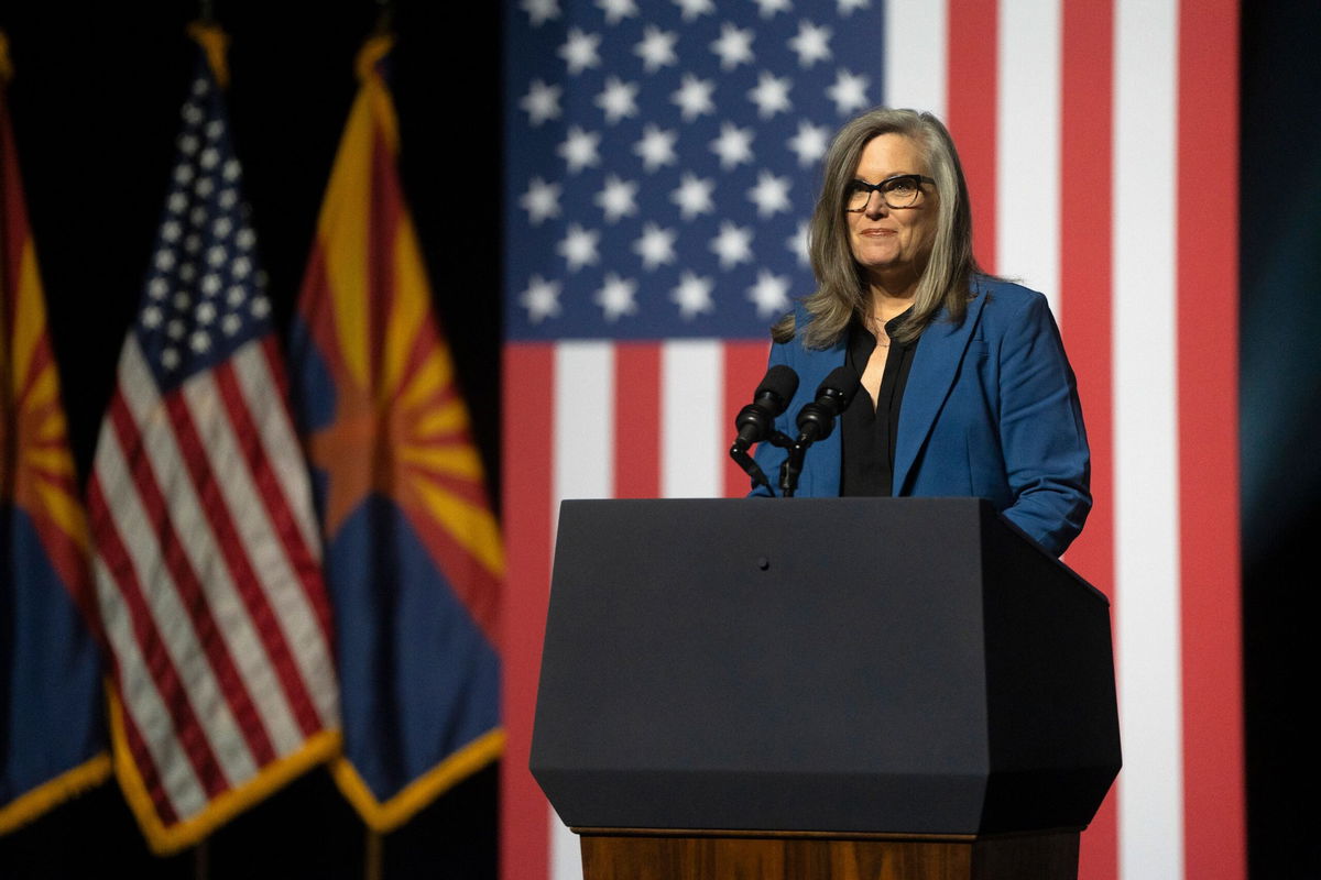 <i>Rebecca Noble/Getty Images via CNN Newsource</i><br/>Arizona Gov. Katie Hobbs gives a brief speech prior to President Joe Biden's remarks at the Tempe Center for the Arts on September 28