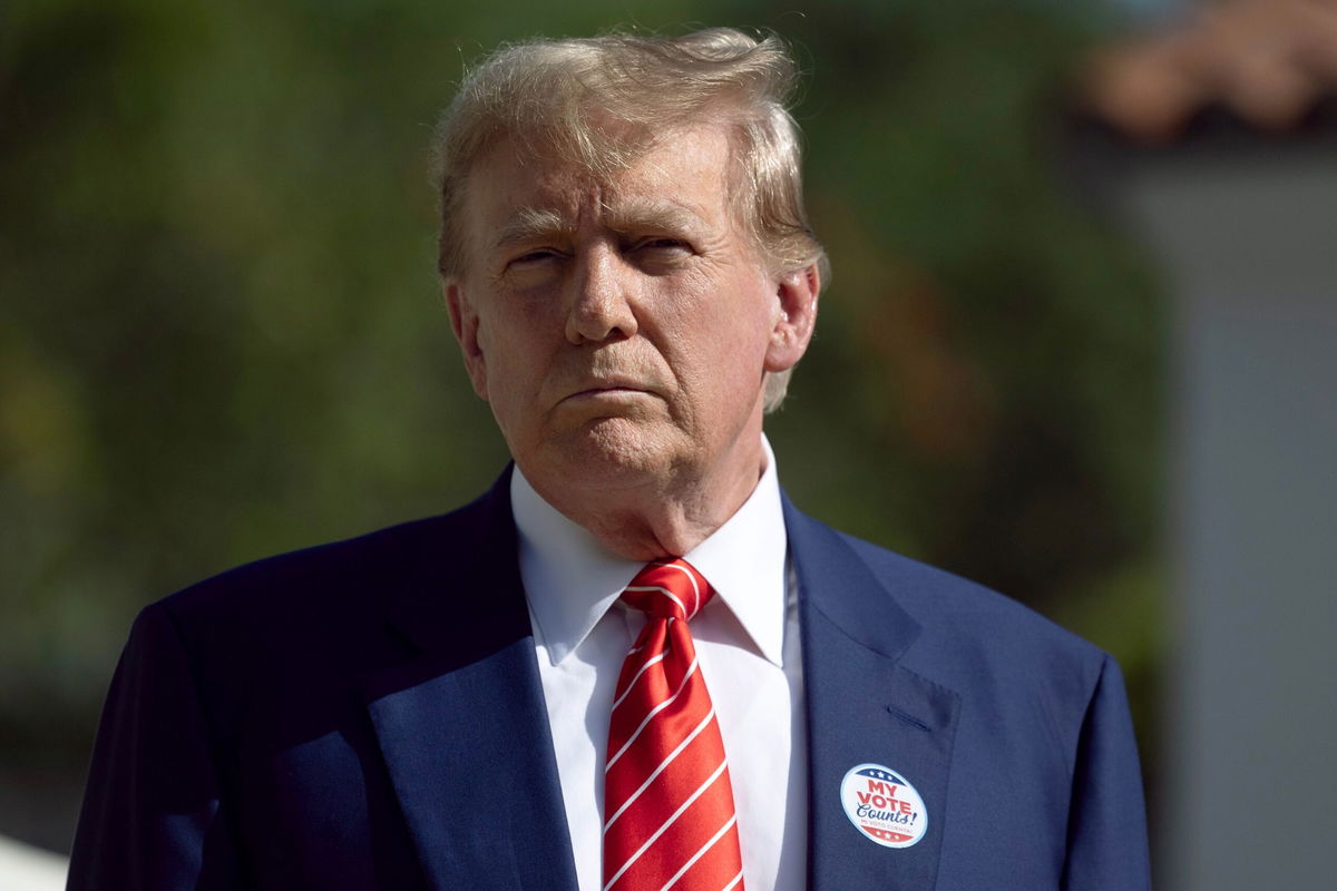 <i>Joe Raedle/Getty Images via CNN Newsource</i><br/>Former President Donald Trump speaks to the media after voting at a polling station setup in the Morton and Barbara Mandel Recreation Center on March 19