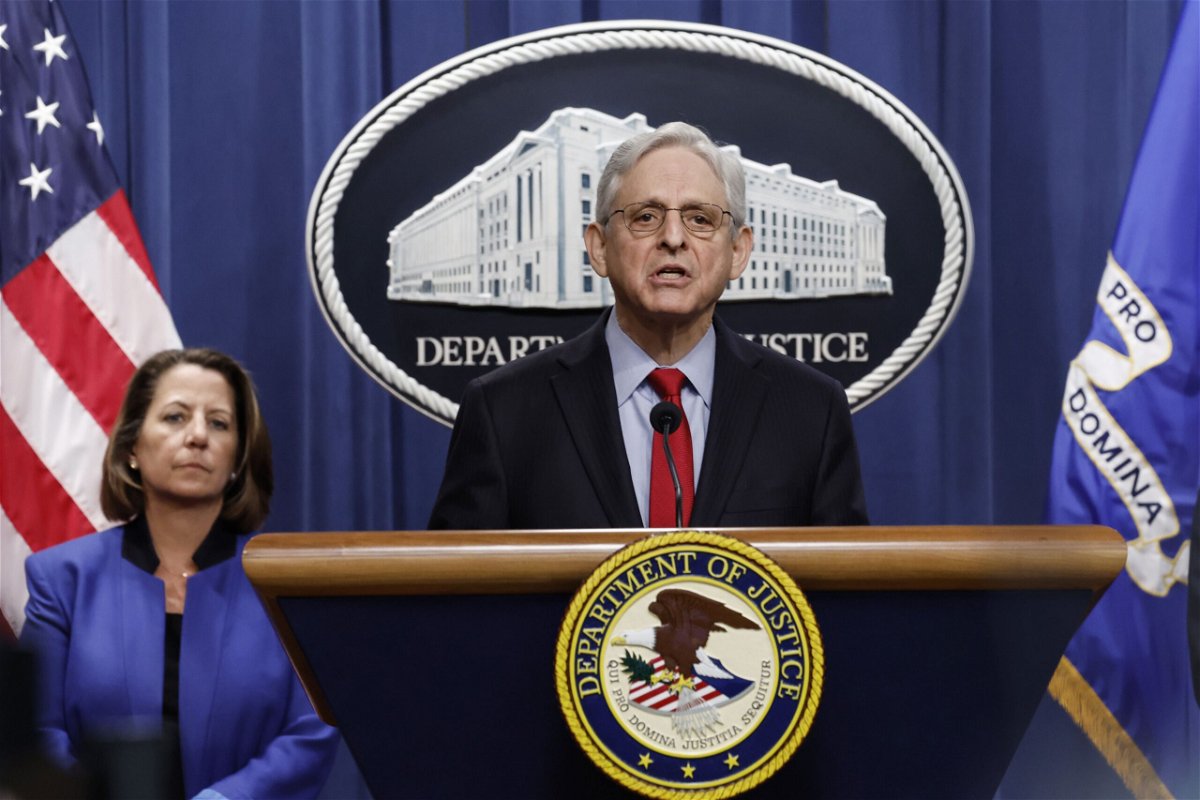 <i>Anna Moneymaker/Getty Images via CNN Newsource</i><br/>U.S. Attorney General Merrick Garland speaks alongside Deputy Attorney General Lisa Monaco during a news conference at the Department of Justice Building on March 21