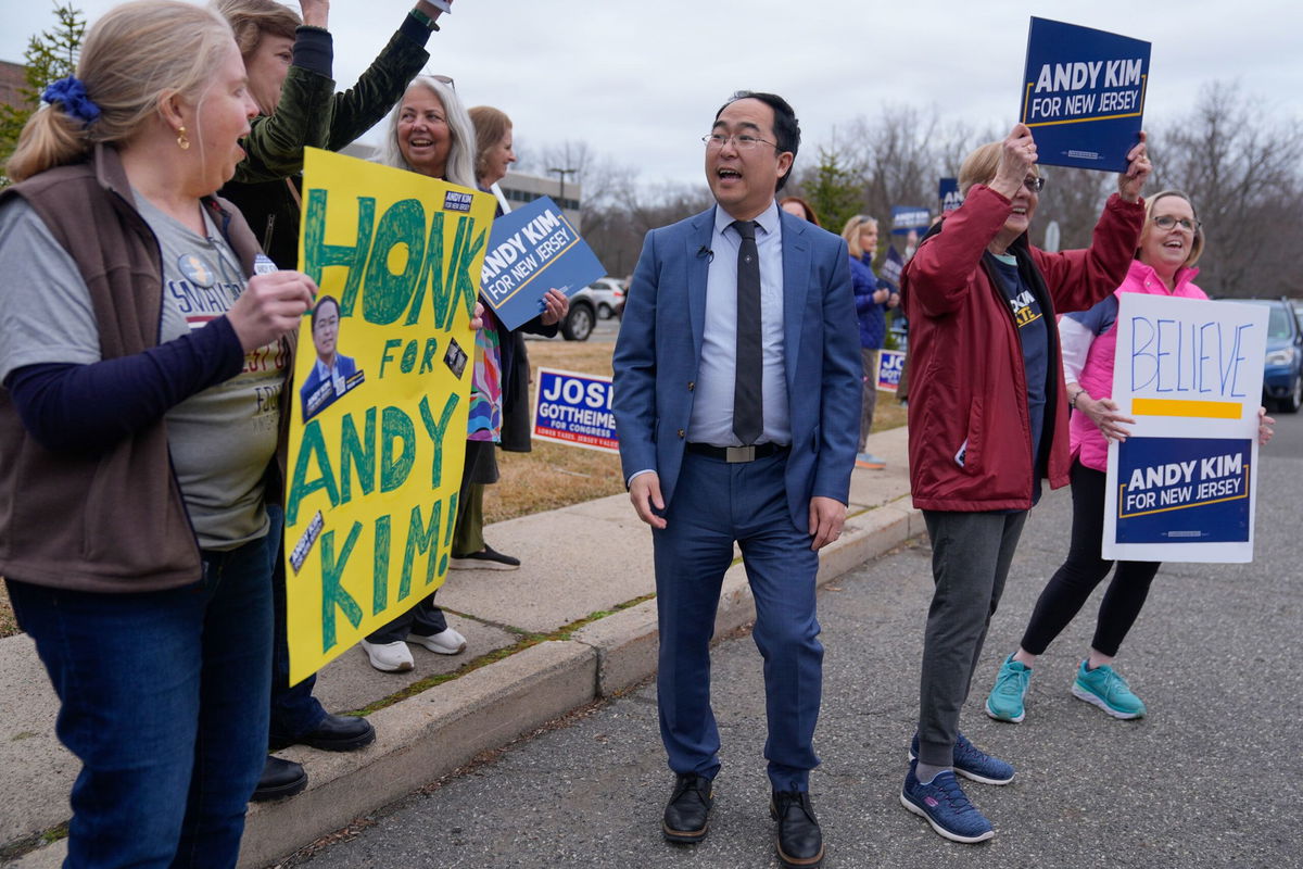 <i>Seth Wenig/AP via CNN Newsource</i><br/>Kim speaks to delegates during the Bergen County Democratic convention in Paramus