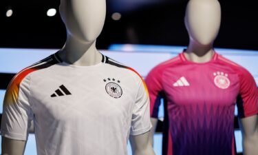 The official jerseys of the German men's national soccer team for this year's European Football Championship on display at the Adidas headquarters in Bavaria