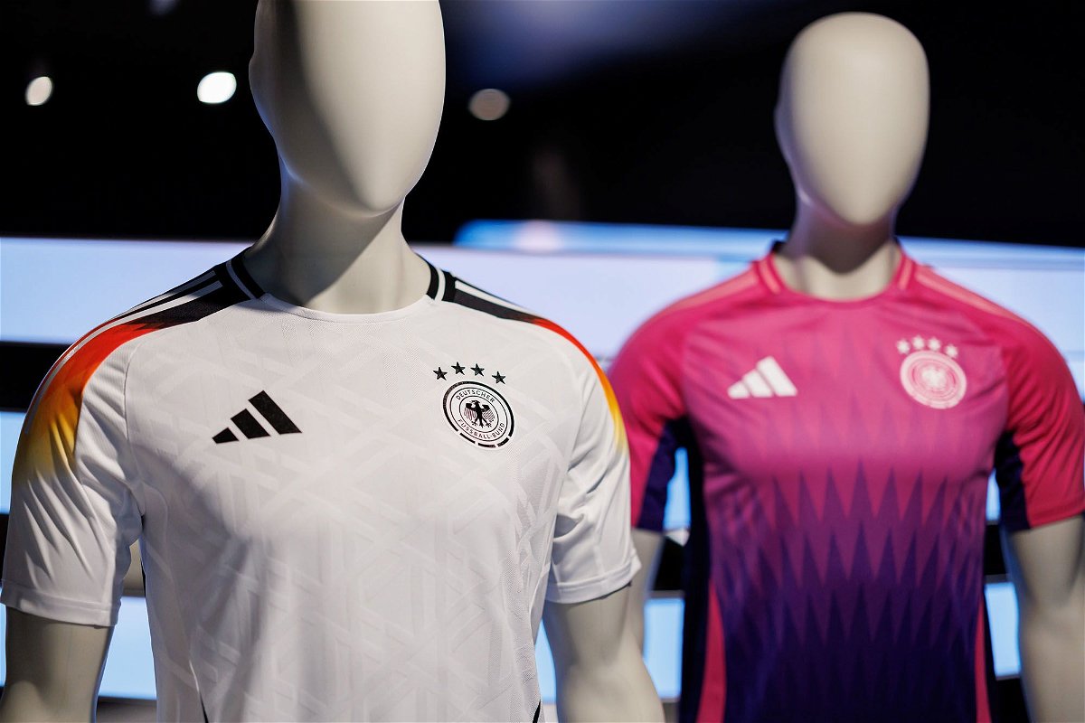 <i>Daniel Karmann/picture alliance/Getty Images via CNN Newsource</i><br/>The official jerseys of the German men's national soccer team for this year's European Football Championship on display at the Adidas headquarters in Bavaria